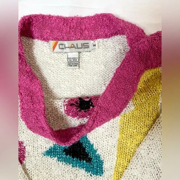 Vintage 80’s Chaus Knit Sweater Geometric Size M Women’s Colorful Retro Cool - Picture 4 of 6
